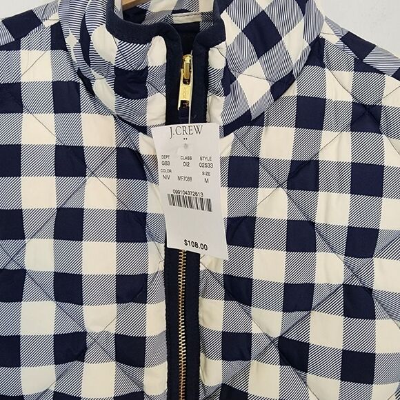 NWT J Crew Gingham Blue White Check Full Zip Puffer Down Vest Quilted SZ Medium - Picture 3 of 9